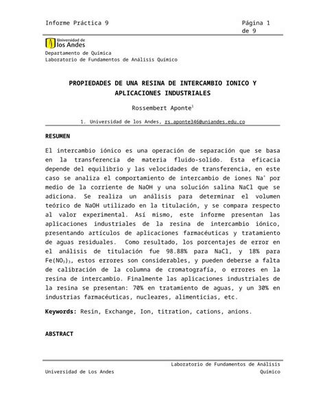 Docx Informe Des De Una Resina De Inter Cam Bio Ionico Y