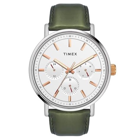 TIMEX Leather Analog White Dial Green Strap Men S Watch TWEG20015