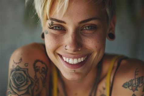 Pretty Tattooed Female Model With Short Blonde Hair Smiling Looking At Camera Premium Ai