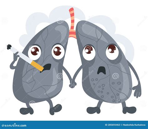 Cute Lungs Character Cartoon Gray Internal Organs Smoking Cigarette