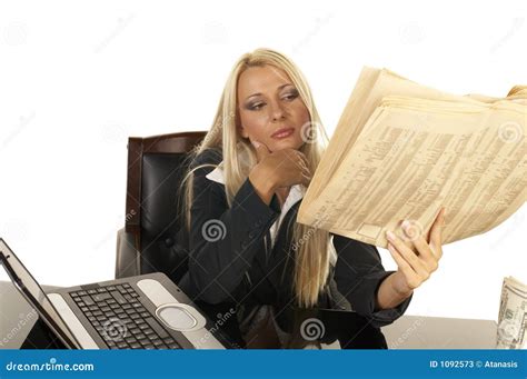 Beautiful Blonde Reading Newspaper Stock Image Image Of Banking Communication 1092573