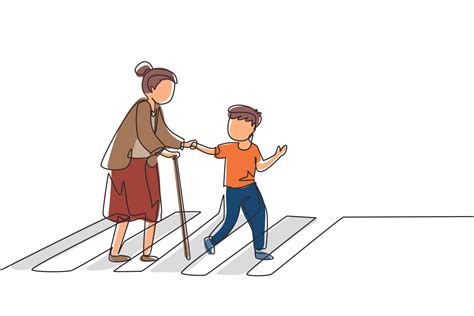 Single Continuous Line Drawing Polite Boy Help Grandmother Cross Street