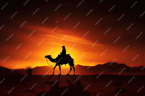 Premium Ai Image A Silhouette Of An Arab Man Riding A Camel In Desert With Sun In Background