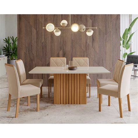 Conjunto Sala De Jantar Mesa Ana X Cm E Cadeiras Fernanda Nature Off White Madeira Nude