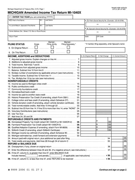 Fillable Online Mi 1040x Michigan Amended Income Tax Return Rev