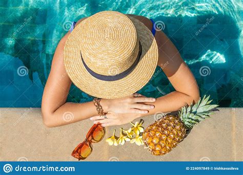 European Woman With Hat In The Pool View From Above Summer Concept