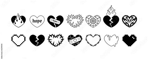 Y2k Gothic Punk Hearts tattoo art stickers. Vector black hearts with barbed wire, fire, hope ...