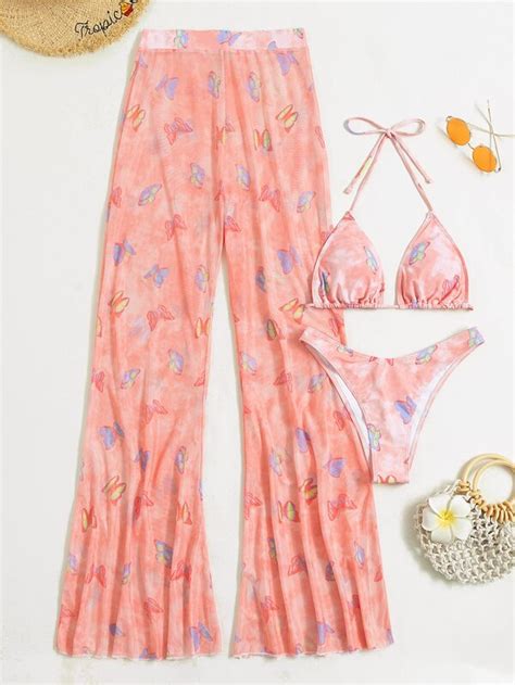 SHEIN ICON Butterfly And Tie Dye Bikini Set Halter Triangle Bra Top