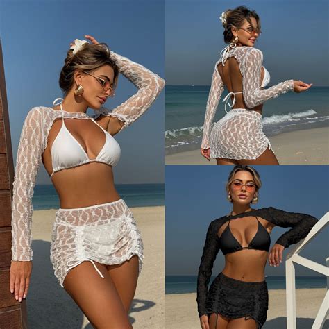Uveng 2025 New Solid Color Special Mesh Four Piece Beach Swimsuit Sexy Bikini