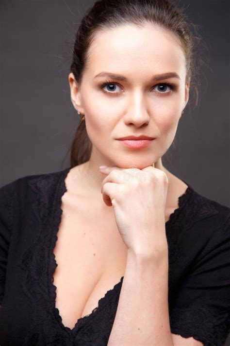 Close Up Portrait Of Elegant Brunette Woman With Nude Make Up Stock Photo Image Of Beautiful