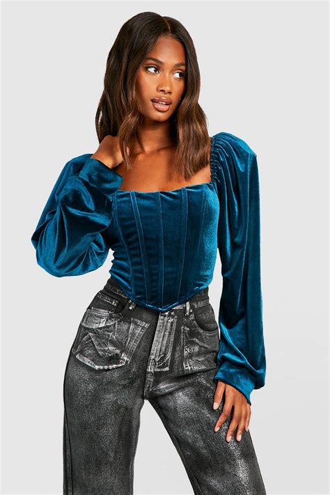 Teal Velvet Ballon Sleeve Boned Corset Boohoo Uk