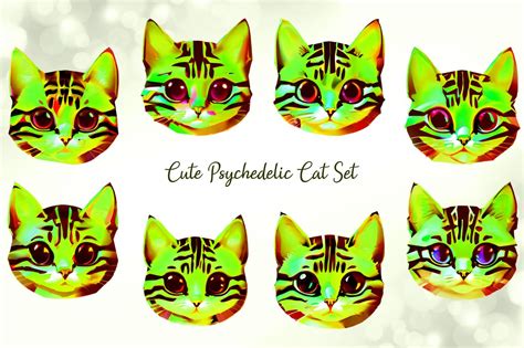 Cute Psychedelic Cat Set Graphic By Pixel Playground · Creative Fabrica