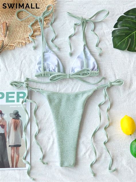 Shiny Sexy Bikini Swimsuit Women Swimwear Bandage Halter Bikini Set