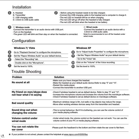 Rapoo Technology H3050 Wireless Stereo Headset User Manual H3050 Aap