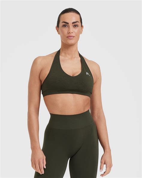 Classic Seamless 2 0 Halter Neck Bralette Khaki Marl Oner Active