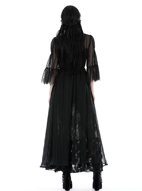 Sexy Black See Through Mesh Lace V Neck Gothic Style Long Coat Magic