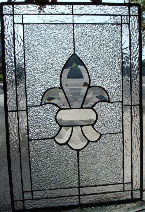 Clear Beveled Textured Fleur De Lis Leaded Stained Glass Window Panel