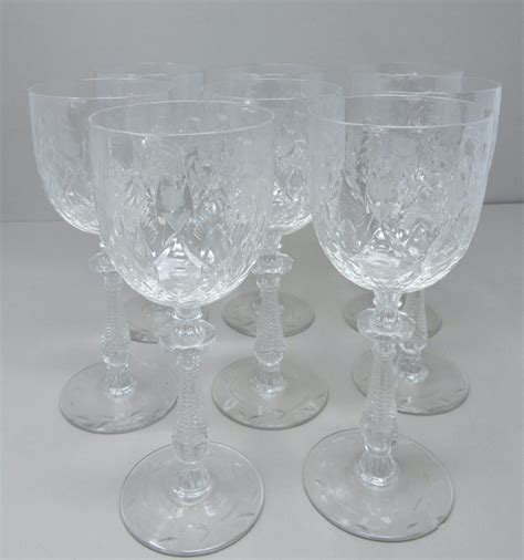 Set Of 8 Finely Etched Stemmed Clear Crystal Water Goblets