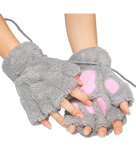 Women Bear Plush Cat Paw Claw Glove Soft Winter Gloves Grey 1