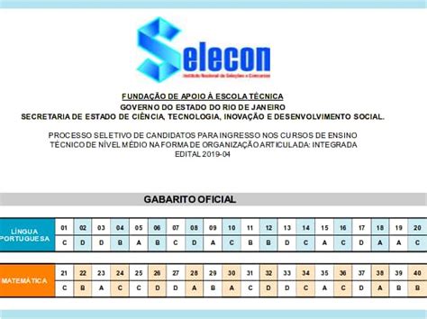 Ensino profissionalizante: FAETEC PS 1º semestre 2019 - Gabaritos