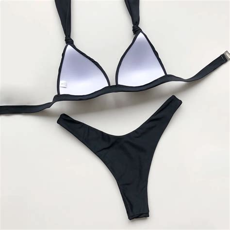 Solid Bikini Set Thong Swimwear Women Push Up Bikini Sexy Swimsuit Female Halter Bandage Hanging