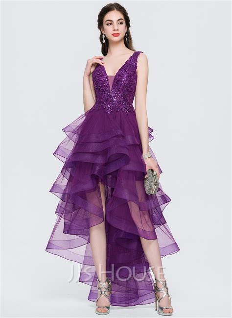 A Line V Neck Asymmetrical Tulle Prom Dresses 018146368 Jjs House