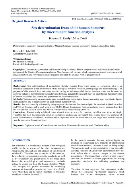 PDF Sex Determination From Adult Human Humerus By Discriminant