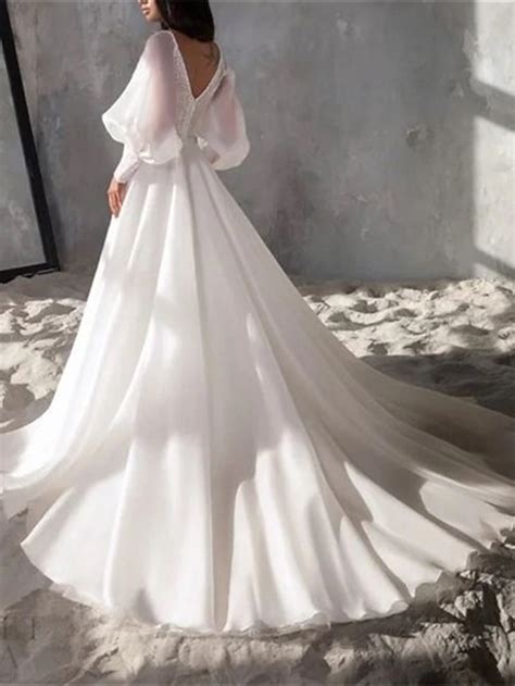 Sparkle And Shine Formal Wedding Dresses A Line V Neck Long Sleeve Chapel