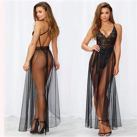 Hot Selling Sexy Underwear European Erotic One Piece Mesh Deep V Temptation Long Dress Lace Suit