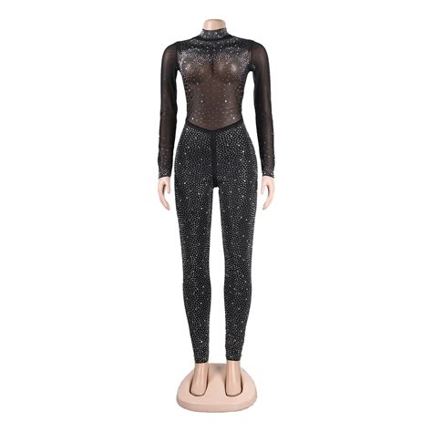 Sexy Hot Drilling Mesh Jumpsuit Nightclub Suit