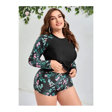 Bañador Bikini con Shorts con Estampado de Planta de Cuello Cisne con Manga Larga