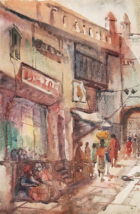 sunil das benaras holy city watercolor painting red brown blue