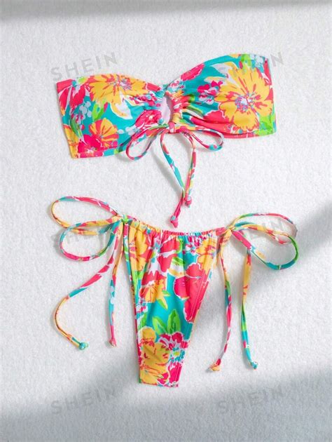 Shein Swim Flower Printed Two Piece Bikini Set Bandeau Bikini Set Swimwear Bathing Suit Beach