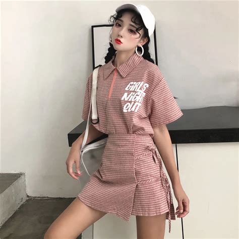 New Womens Clothing Ulzzang Korean Hipster Harajuku Fashion Brand Casual Plaid Letter Zip