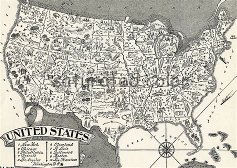 usa map original vintage  picture map  fun