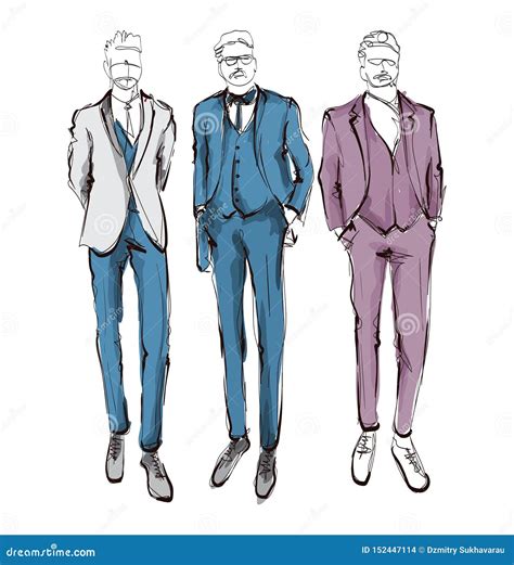 Stylish Handsome Mans in Fashion Clothes. Hand Drawn Beautiful Young Mens. Stylish Mens Set ...