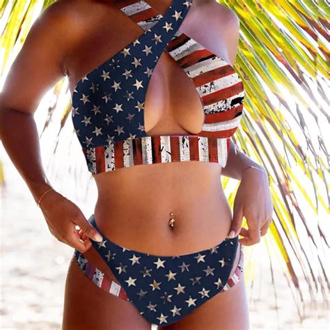 Buy LEKODE Women S Bikini Independence Day Sexy Cross Push Up Padded Bra Print Split Swimsuit
