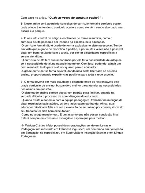 Curriculo Oculto Na Educação - Entendendo o Currículo Oculto na Educação | PDF