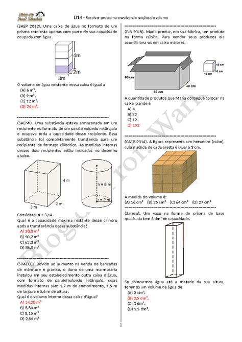 Volume E Capacidade Exercícios - D14 (9º ANO - Mat.) - Questões de Volume e Capacidade com Gabarito ...