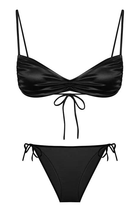 Saten Siyah Büzgülü Büstiyer Bikini Takım