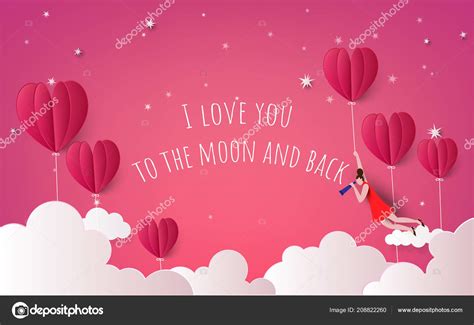 Illustration Love Valentine Day Hot Air Balloon Flying Cloudy Moon Stock Vector By KittikornPh
