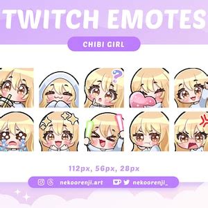 Cute Chibi Girl Emote Set For Twitch Discord Blonde Hair With Bangs Light Skin Brown Eyes