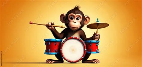 A Monkey Playing The Drums With A Drum Stick In Its Hand And A Drum