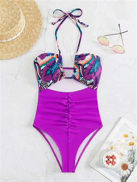 Shein Swim Vcay Tropical Print Cut Out Ruched Halter One Piece Swimsuit Shein Usa