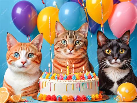 Cats Having A Birthday Party With Cake Cat Birthday Party Premium Ai