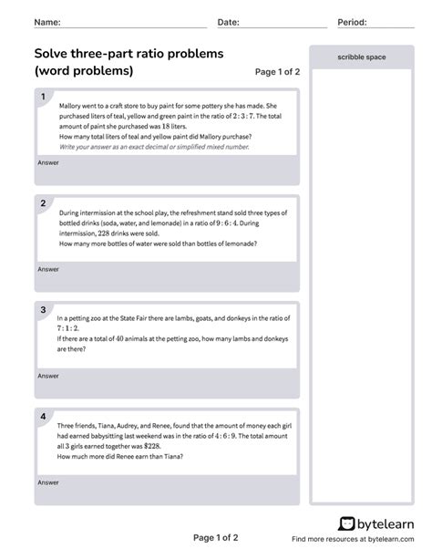 Solve Three Part Ratio Problems Word Problems Worksheets Pdf 6rp