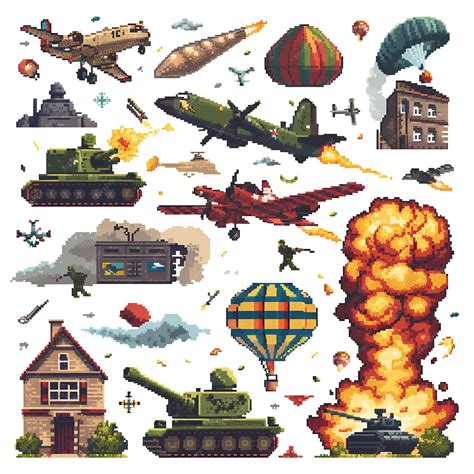 Premium Photo Pixel Art War Scene Tanks Aeroplanes Soldiers One Parachuting And A Destroyed