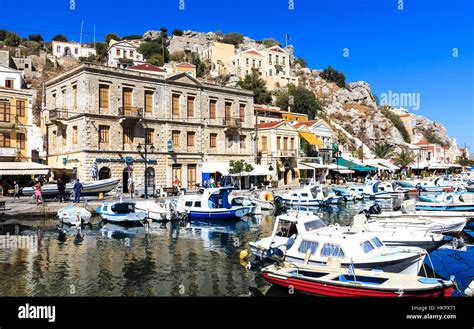 Picturesque Harbor Of Symi Town Greek Island Stock Photo Alamy