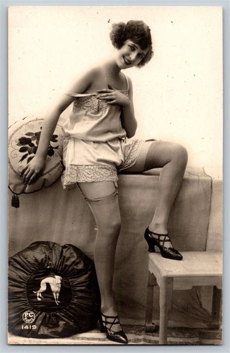 Vintage French Postcard Risque NUDE 1920s Flapper Lady Sits In Stockings Heels Europe