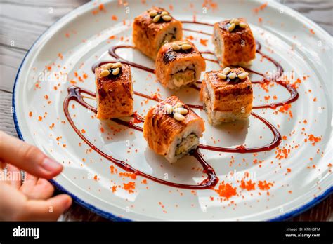 Traditional Japanese Sushi Rolls In Restaurant Stock Photo Alamy